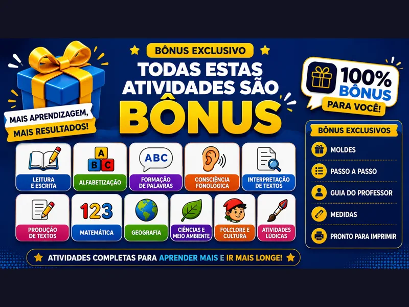 Capa do bônus de atividades extras para o Ensino Fundamental: leitura e escrita, alfabetização, formação de palavras, consciência fonológica e interpretação de textos