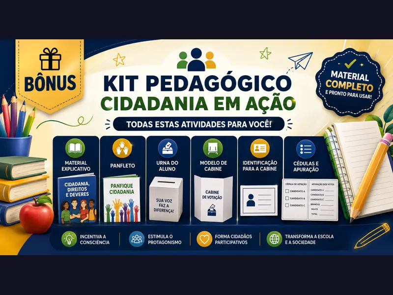 Capa do bônus Kit Pedagógico Cidadania em Ação para o Ensino Fundamental, com panfleto de campanha, urna do aluno, cabine de votação e cédulas com apuração